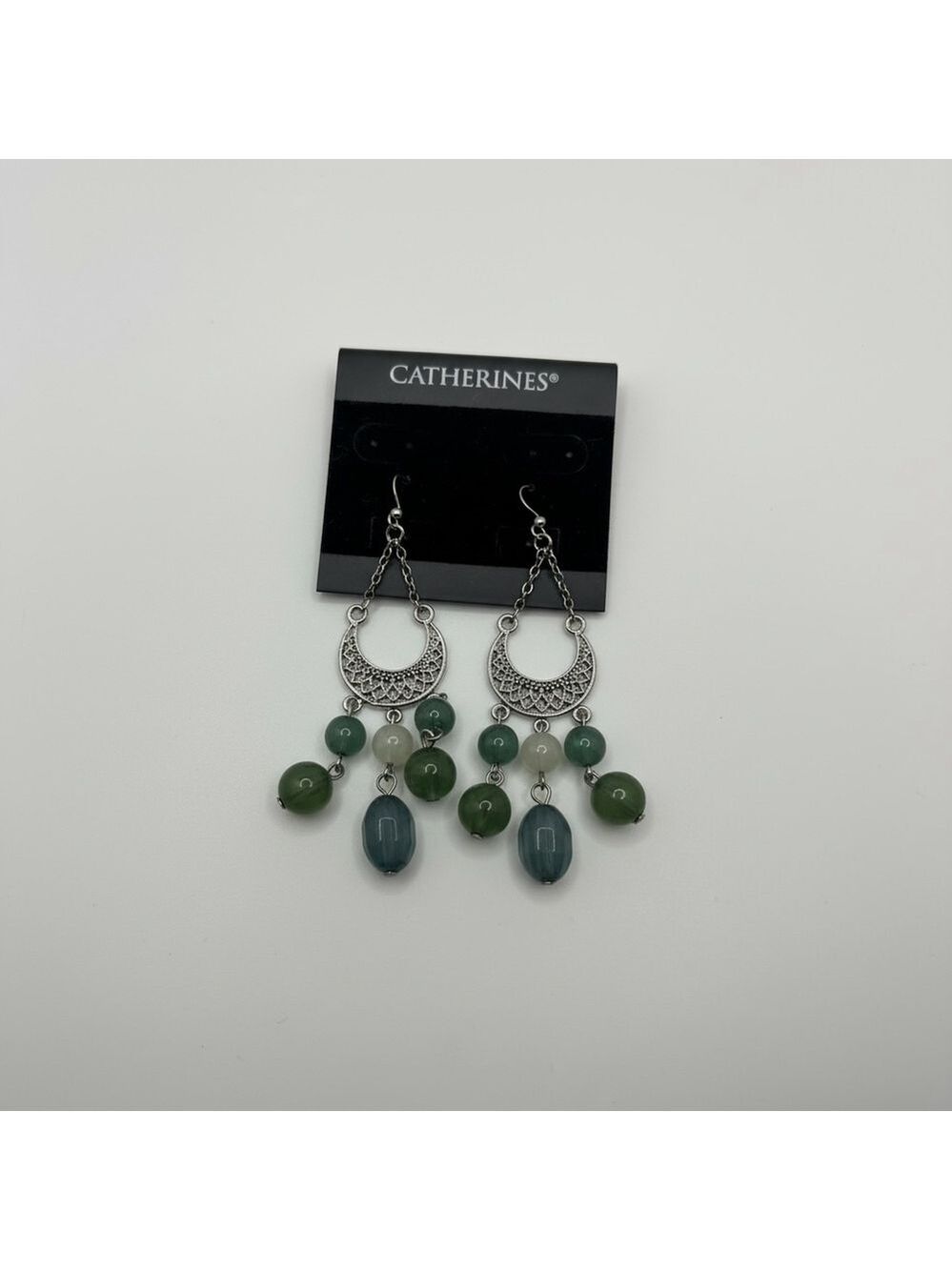 Catherines Silver Tone Green Beaded Chandelier Dangle Earrings - Picture 2 of 3